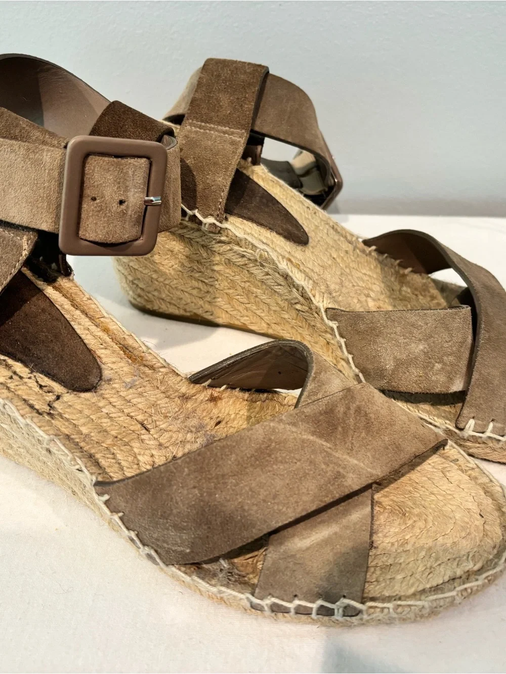 Vince Taupe Suede Espadrille Wedge Sandals